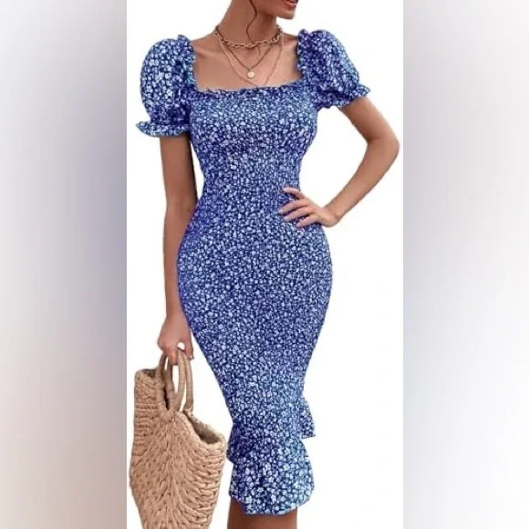 Floral Blue Puff Sleeve Dress - Picture 1 of 2